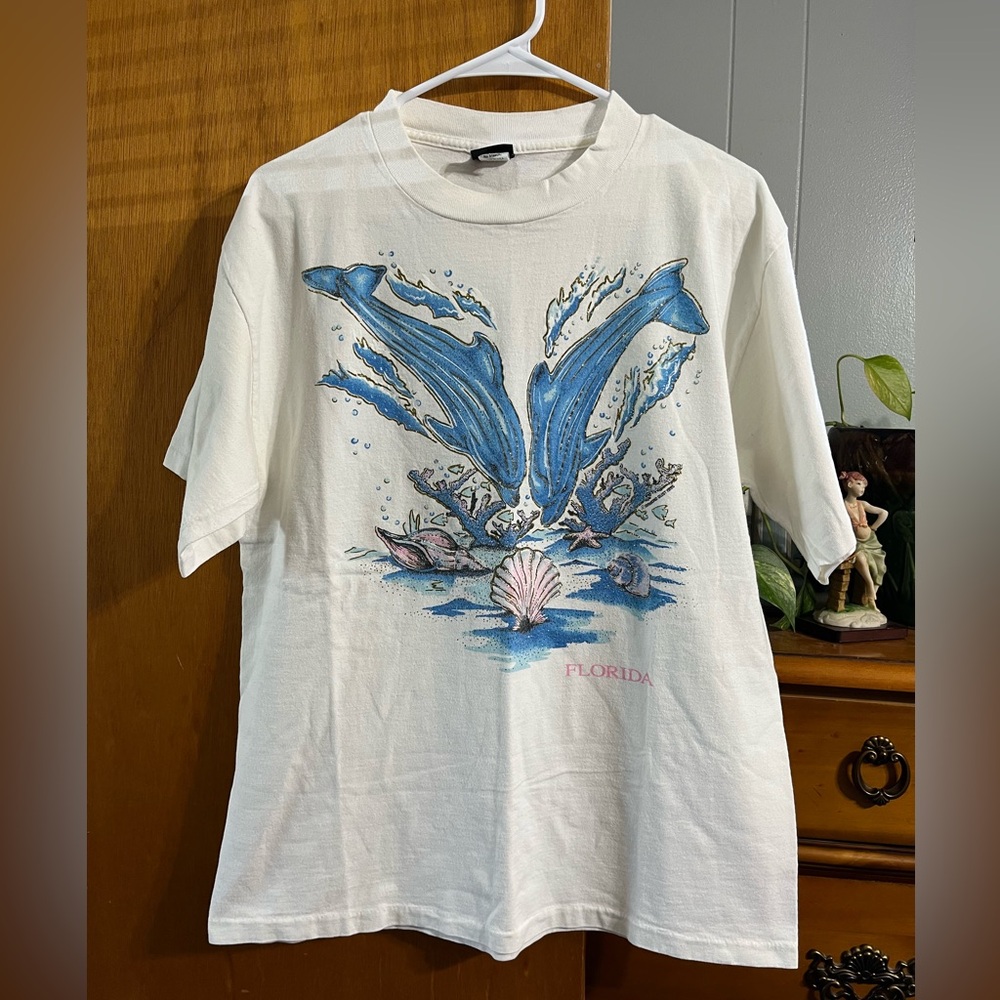 Vintage 90’s Diamond Dust Dolphins Florida Souvenir White T-Shirt Size Large